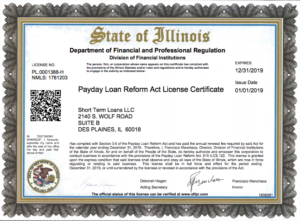 Payday Loan Reform Act License Certificate
